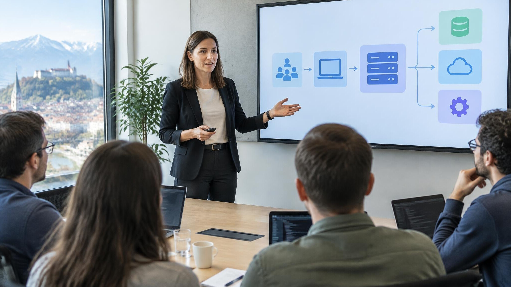 Team workshop with a presenter in front of a screen