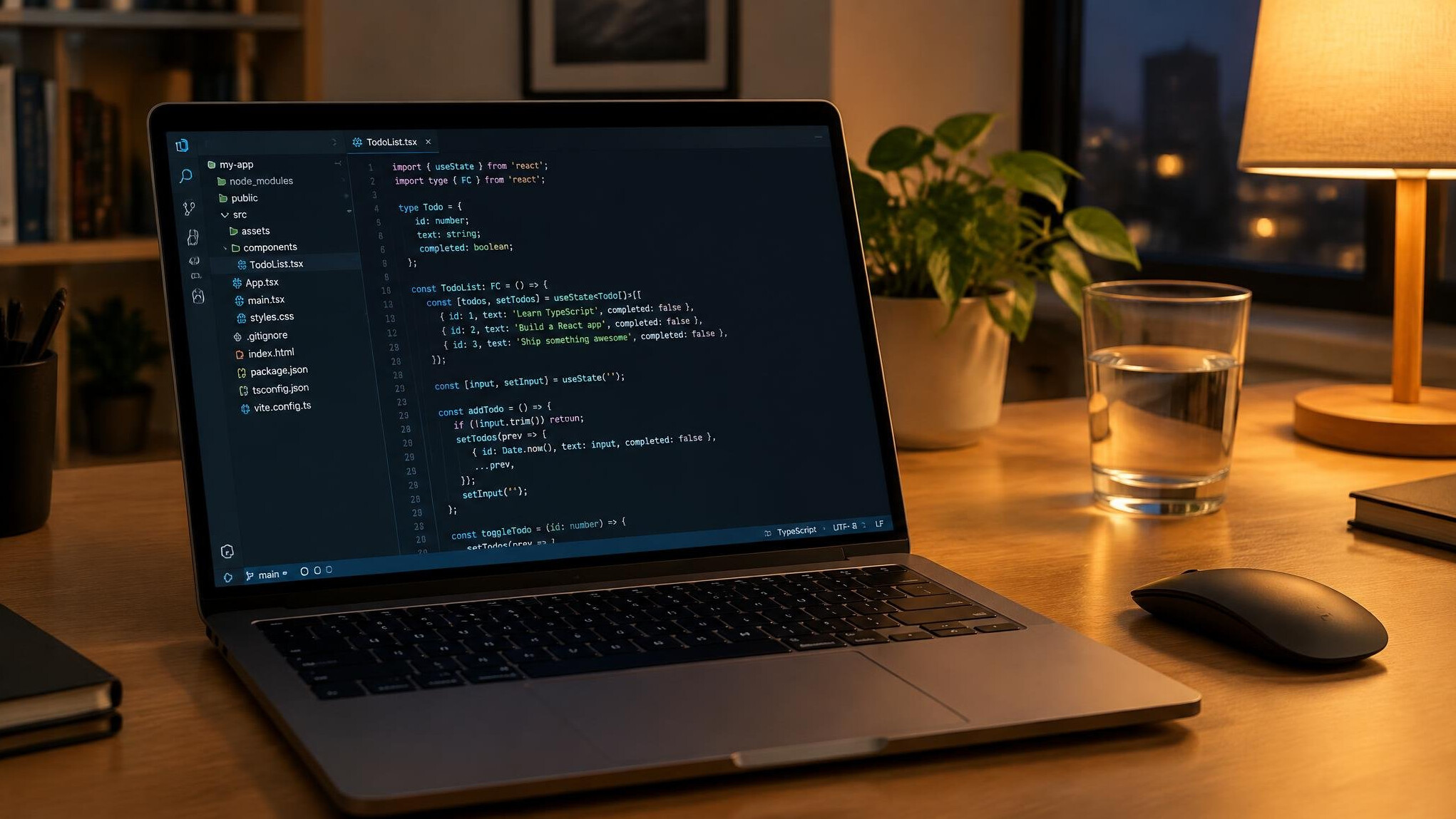 Laptop with advanced code editor on a desk